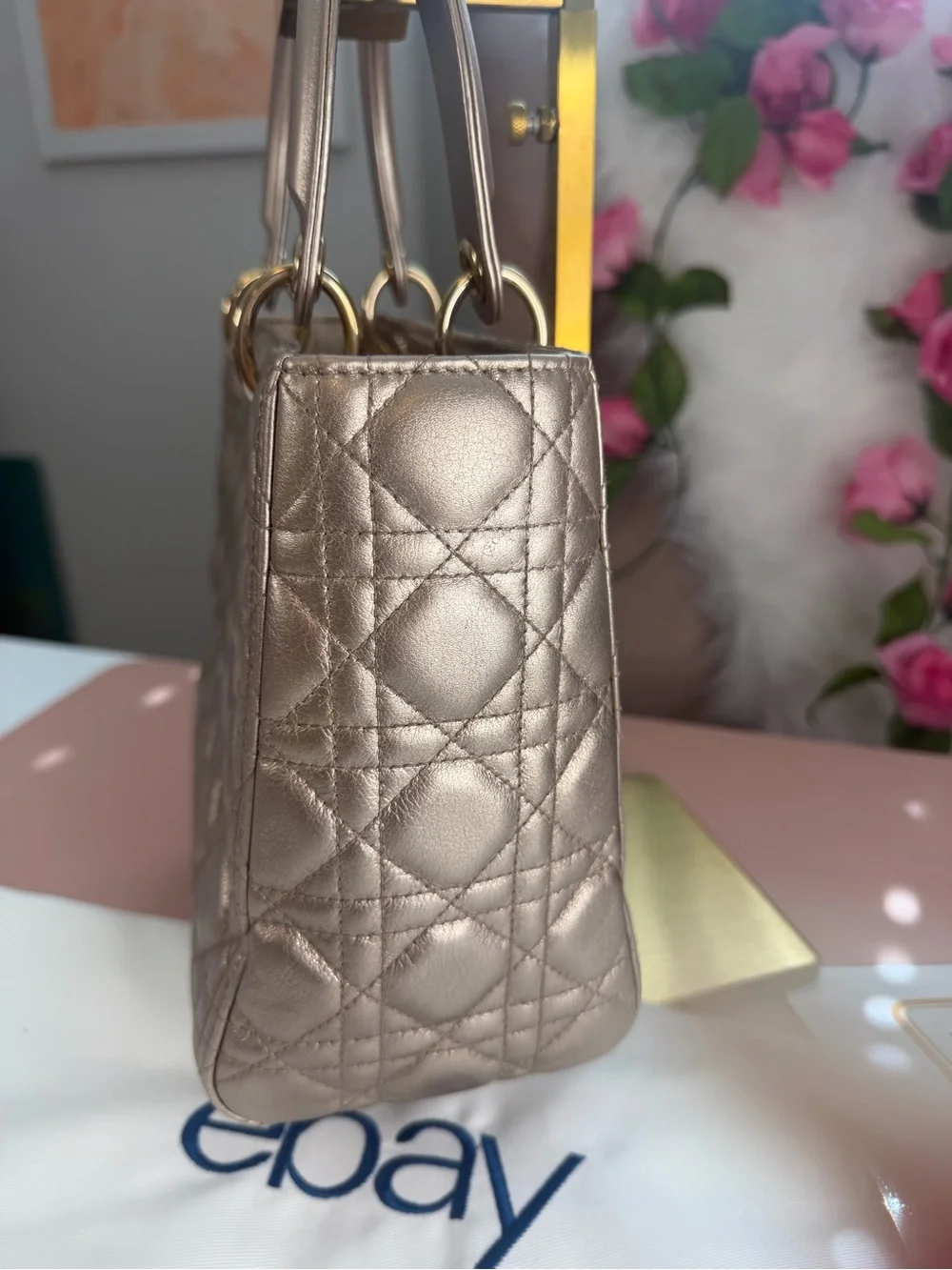 Christian Dior Metallic Lambskin Cannage Medium Lady Dior Bag w/ COA